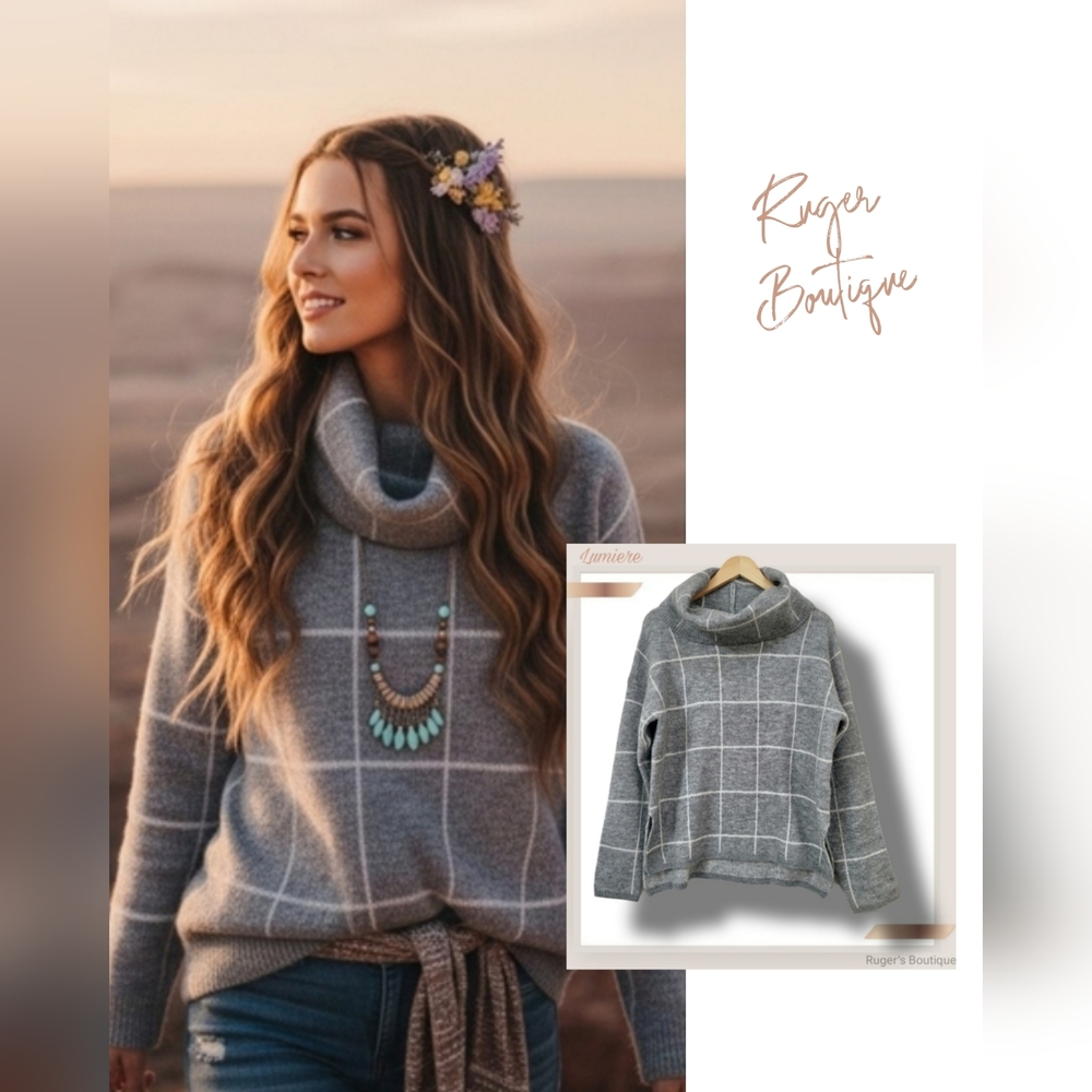 🌿Lumiere Gray Plaid Cowl Neck Sweater - Women's Small Boho Knit Pullover